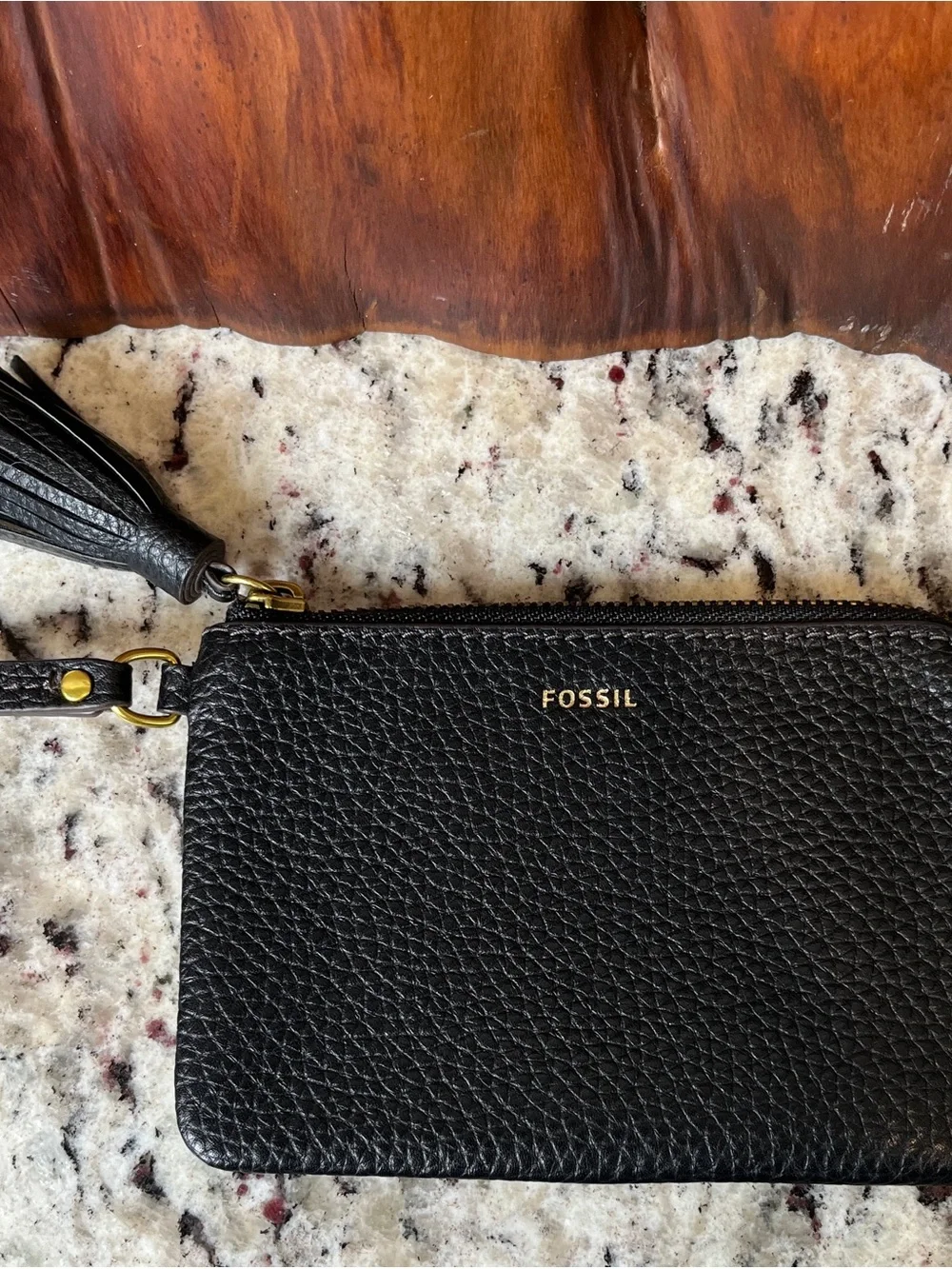 Fossil Black Pebbled Leather Tassel Wristlet